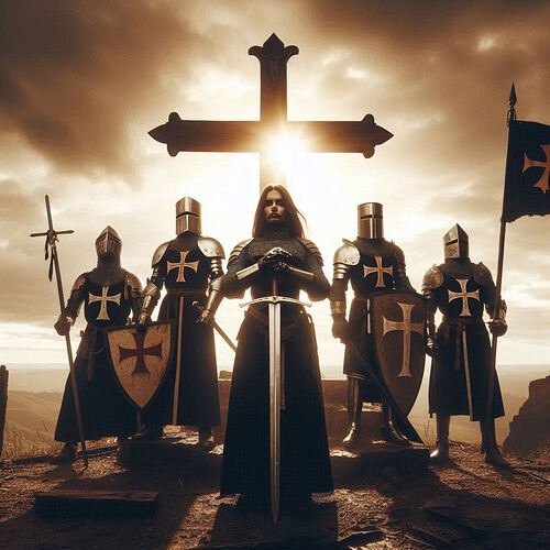 Weibliche Tempelritter stehen episch vor einem großem kreuz