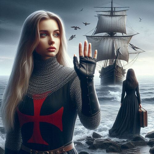 eine weibliche tempelritterin mit blonden langen haaren und schwarzem wams mit rotem kreuz , winkt m